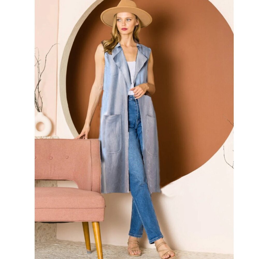 Solitaire by Anthropologie Sleeveless Long Faux Suede Jacket Size Medium in Tan